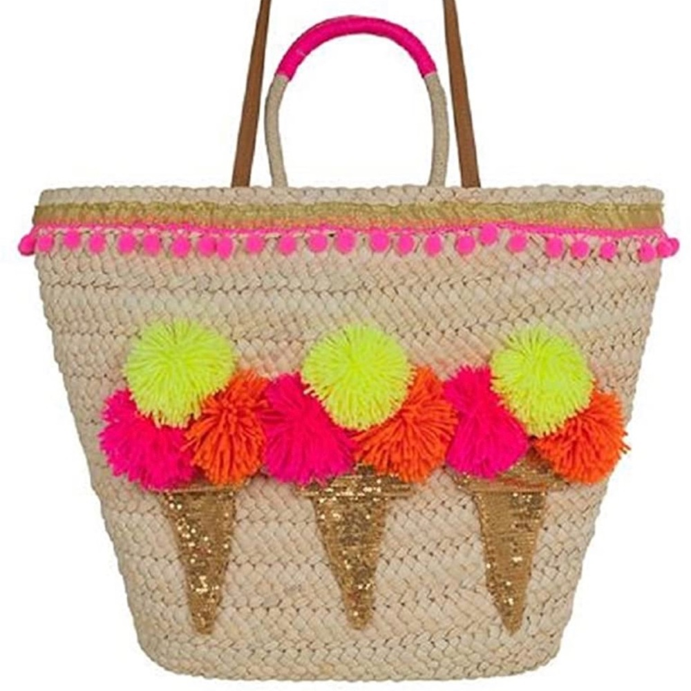 Emma Lomax Ice Cream Pom Pom Straw Tote Bag